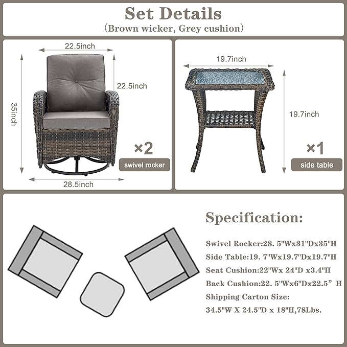 Belord Patio Wicker Chairs Swivel Rocker - Outdoor Swivel Rocking Chairs Set of 2 with Rattan Side Table, Patio Swivel Glider Chair 3 Piece Patio Furniture Sets for Patio Porch Pool Brown/Grey