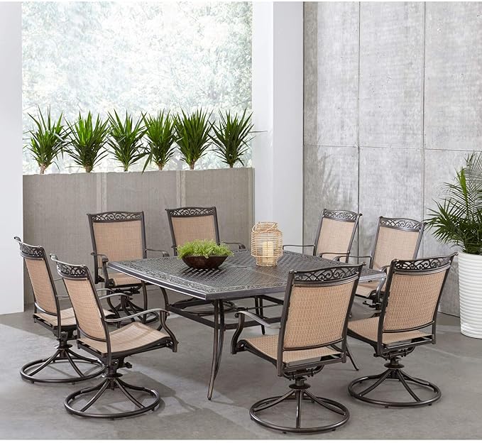 Hanover Fontana 9-Piece Outdoor Dining Set, Rust-Resistant Aluminum Outdoor Patio Dining Set for 8 with Swivel Rockers and 60" Square Cast-Top Patio Table, Perfect for Backyard, Patio, Deck, and Porch