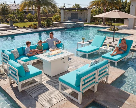 NICESOUL 8 People Large Luxury Aluminum Patio Conversation Set with Lounge Chair & Fire Pit Table, 29" Deep Wide Modular Sectional Couch, 500 lbs Heavy Duty All Weather Outdoor Sofa for Poolside, Teal