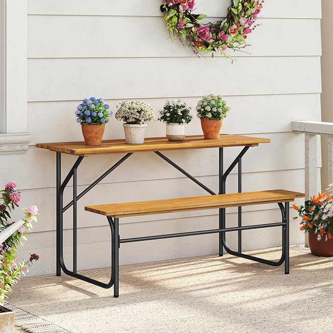 HAPPYGRILL Picnic Table Bench Set for 2, Acacia Wood Dining Table and Bench Set with Heavy Duty Metal Frame, for Patio, Porch, Garden and Backyard