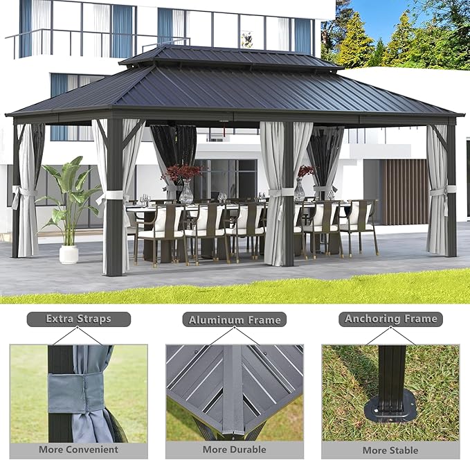Aoxun 20Ft X 12Ft Hardtop Gazebo, Aluminum Metal Outdoor Gazebo with Breathable Netting and Curtains, Galvanized Steel Double Top, Permanent Patio Pavilion for Backyard, Wedding, Party