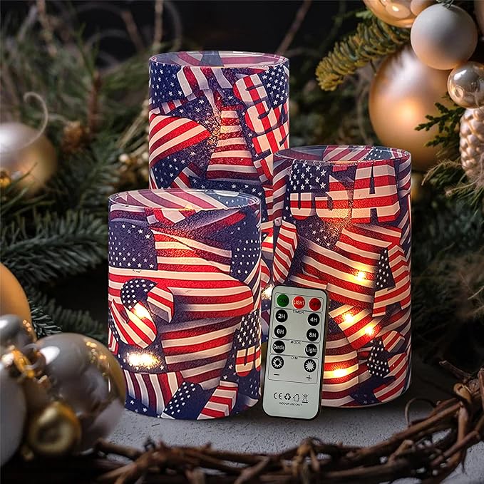 Printed Flameless Candles with String Lights - Set of 3 USA Flag Battery Operated Candle Flickering Floral LED Pillar Candles with Timer Remote for Home Decor Romantic Ambiance,Flag