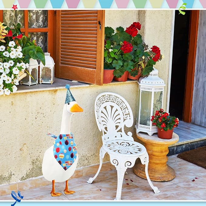 Happy Birthday Goose Outfit with Glitter Hat and Bandana,Blue | for 23" 17" Cement Plastic Porch Goose, Outdoor Statue Patio Yard Lawn Art