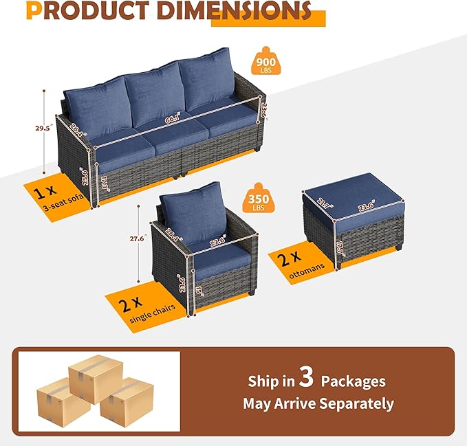 UDPATIO Patio Furniture Set, 5 Pieces Outdoor Sectional Sofa Set, All-Weather Wicker Rattan High Back Outdoor Conversation Set with Ottoman for Poolside, Backyard, Grey Wicker Navy Blue Cushion