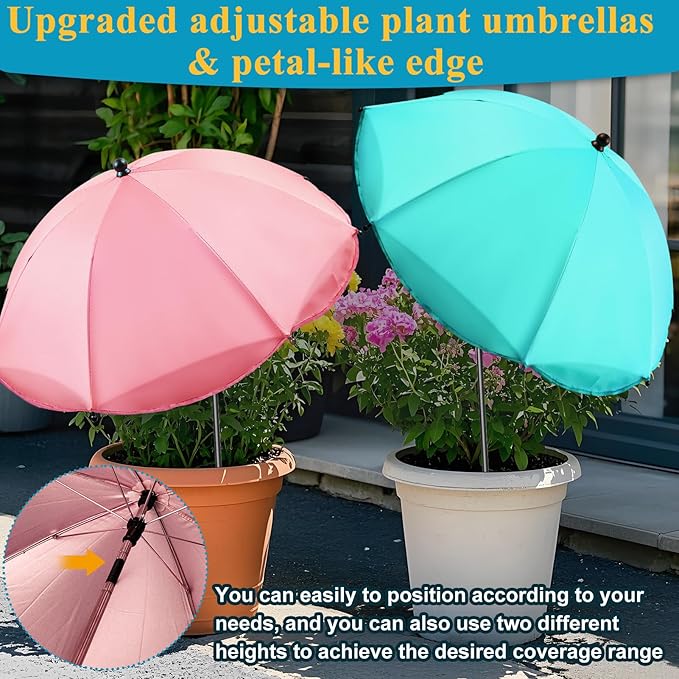 Voccos Upgraded Plant Umbrellas for Outdoor Plants 50" Tall 26" Canopy Adjustable Angle Garden Bed Shade Cover with Sturdy Metal Stake & UV Protection Plant Cover for Potted Plants Flower Pot