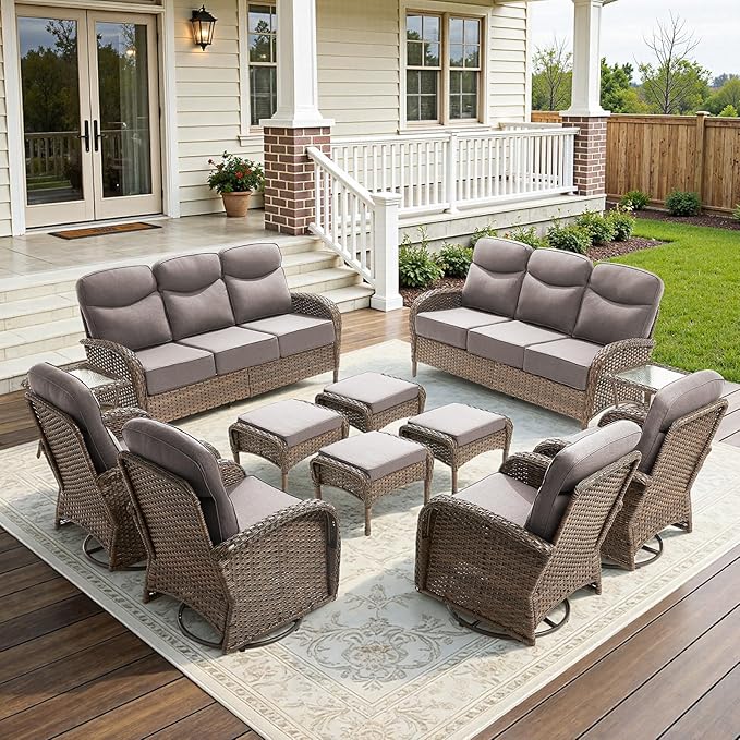 12-Piece Luxury Patio Furniture Set with 6-inch Thick Cushion,Outdoor Wicker Sofa Couch Set of 2 & Swivel Rocker Chairs, Conversation Set for Poolside, Deck & Yard - Gray