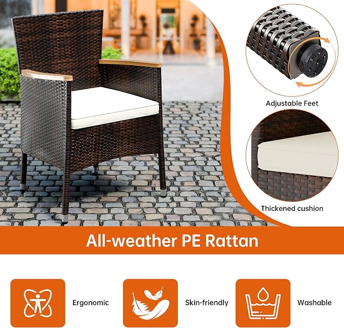 Shintenchi 7 PCS Patio Dining Set, Wicker Patio Conversation Set with Wooden Table Top, Outdoor Table and Chairs with Soft Cushions for Backyard, Deck and Garden, Brown Wicker