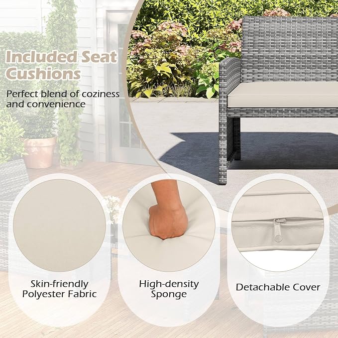 RELAX4LIFE 4-Piece Patio Furniture Set - Wicker Rattan Outdoor Sectional Sofa Set w/Glass Coffee Table, Loveseat, 2 Chairs & Soft Cushions, Bistro Conversation for Garden Porch (1, Grey-Off White)