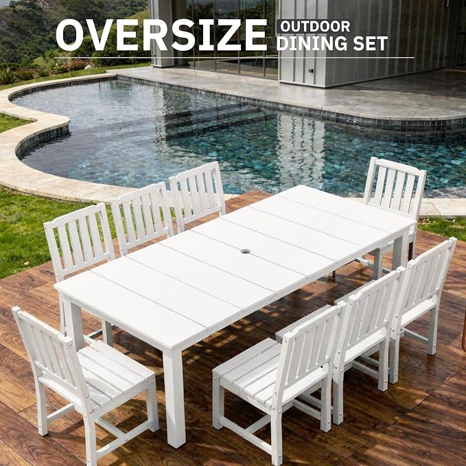 AreShark 9-Piece Outdoor Dining Set,HDPE Patio Table with 8 Chairs,All-Weather Patio Furniture Set with Umbrella Hole,Low Maintenance Wood Grain Dining Set for Backyard,Garden,Poolside,White
