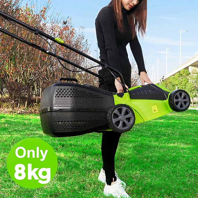 Corded Electric Dethatcher, 13-Inch Push Lawn Sweeper, Strong Rubber Wheels & Adjustable Mowing Height, Lightweight Walk-Behind Lawn Mower Clear, Green