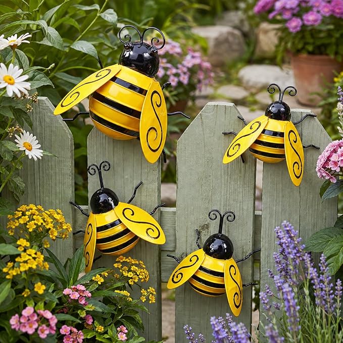 Metal Bumble Bees Garden Outdoor Decor Honey Bee Yard Art Outside Patio Fence Home Wall Decorations (Set of 4)