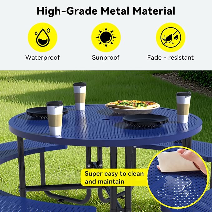 46-inch Heavy-Duty Outdoor Steel Round Picnic Table, Portable Commercial-Grade Picnic Table with Parasol Hole, Sturdy and Durable, Ideal for Garden and Patio Barbecues (Blue - Round)