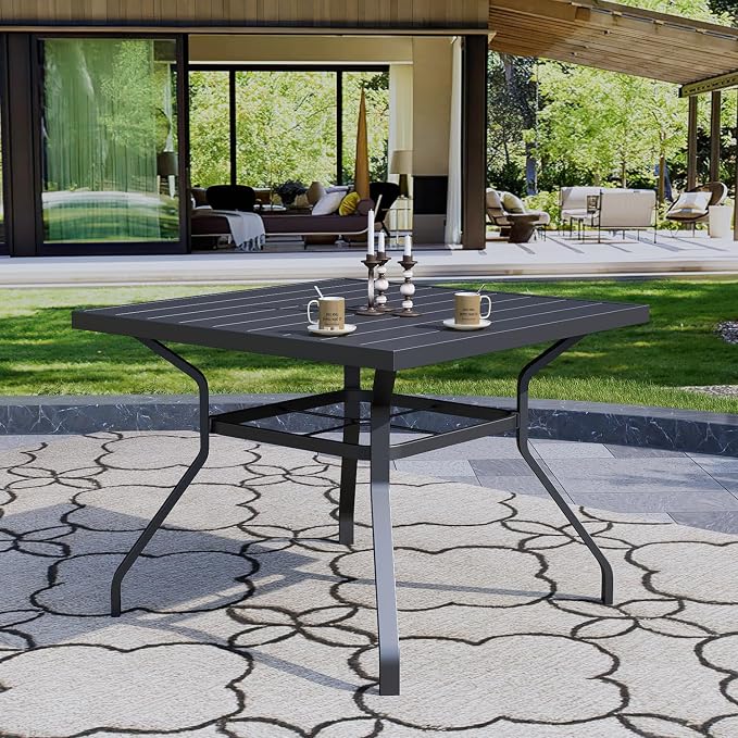5 PCS Brown Gray Mixture Swivel Chairs, 35" Square Table Outdoor Dining Set | High Back, Retro Armrest, Textilene Fabric, All Weather, Rocking, Swivel Chairs, 35'' Square Table, Metal Top and Frame