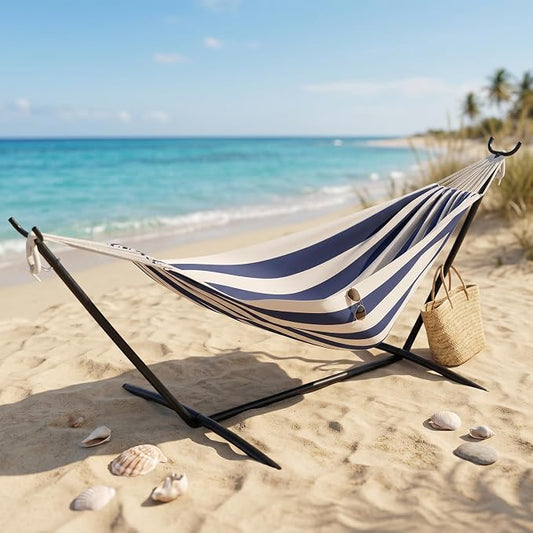 Hammock with Stand for Outside, Upgraded Carrying Case，Easy Assembly, Portable Space Saving Heavy-Duty Steel Frame，Perfect for Outdoor & Indoor,Blue & White