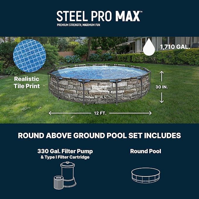 Bestway Steel Pro MAX 12' x 30" Above Ground Pool, Round Metal Frame Outdoor Swimming Pool Set with Filter Pump & Type I Cartridge, Stone Print