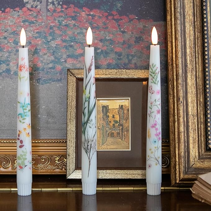 Spring Flameless Taper Candles with Flowers, 9.6" Real Wax LED Candles with Remote, 3 Pack Flickering Candlesticks Battery Operated, Fake Candle for Home, Wedding, Party