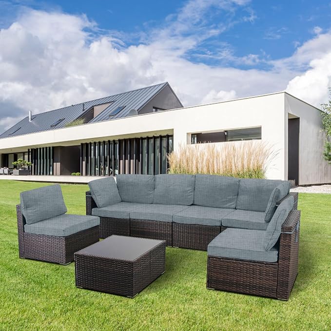 7 Pieces Outdoor Patio Furniture Sets,Rattan Conversation Sectional Set,Manual Weaving Wicker Patio Sofa with Tea Table