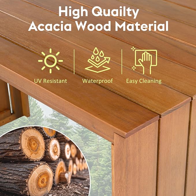 5 Piece Outdoor Bar Set for 4, Acacia Wood Bar Height Table & 4 Stools with Removable Cushions, Wood Dining Table Bar Set with Adjustable Feet for Backyard, Poolside, Balcony, Beige+Natural