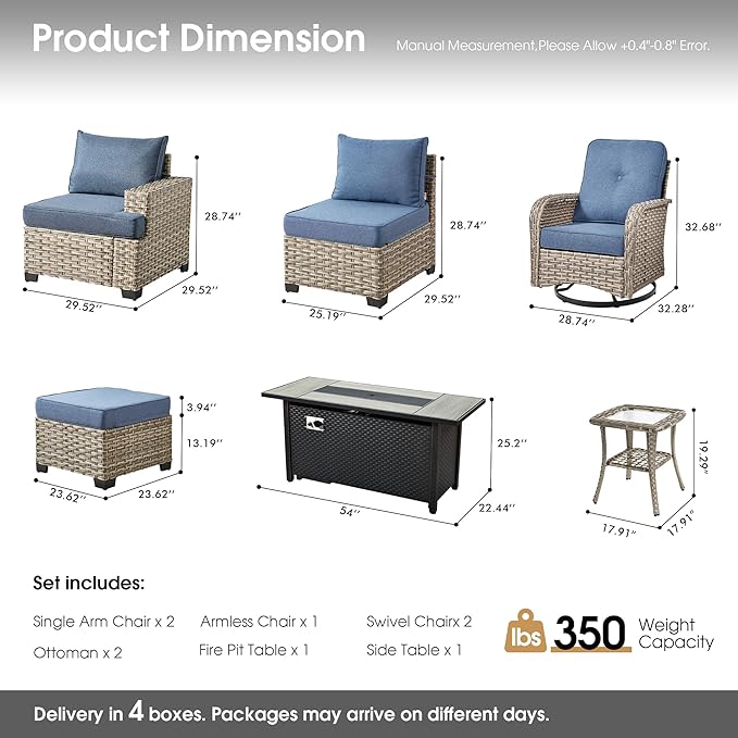 Rattan Patio Furniture Set with Fire Pit Table,9 Pieces Outdoor Sectional with Swivel Chairs Ottoman,Out Door Furniture Conversation Set,Denim Blue