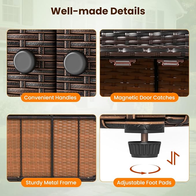 Tangkula Rattan Outdoor Storage Cabinet, Patiojoy Outdoor Cabinet with 2 Adjustable Shelves, 1 Drawer, 3 Doors, Patio Storage Deck Box Table for Patio Garden Poolside