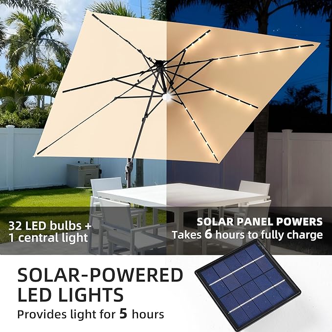 JZAC & QZYD 9x9 FT Outdoor Cantilever Patio Umbrella with Base Included and Solar LED Lights, Large Heavy Duty 2-Tier Square Aluminum Offset Umbrellas with 360-Degree Rotation for Pool Deck, Beige
