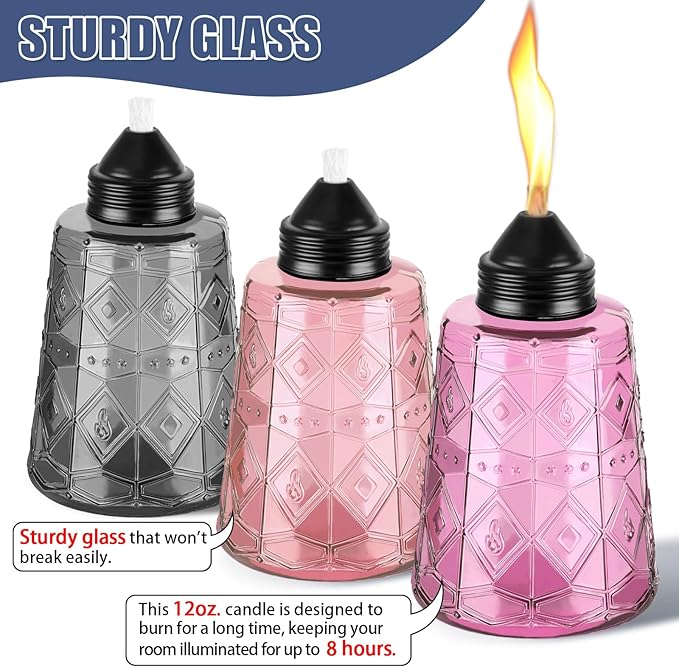 4-Pack Glass Table Top Torches - 12oz Refillable Citronella Torches Canisters for Outdoor, Includes Wick & Cap, Decorative Lanterns for Patio, Garden, Yard, Party, Landscape(Multi-Color)