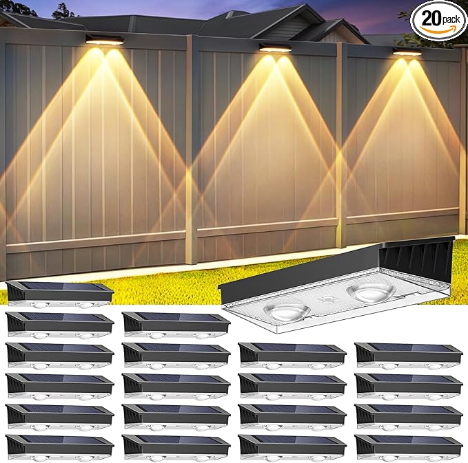 Solar Fence Lights Outdoor, 20 Pack Warm/Neutual/Cool White Fence Lights Solar Powered with 2 LED, IP65 Waterproof, Deck Lighting for Backyard, Patio, Wall, Railing, Pool, Stair