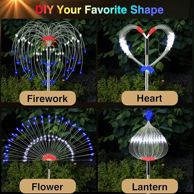 Lewondr 4th of July Firework Solar Garden Lights, Red Blue White Solar Firework Lights with 120 LED 2 Lighting Modes, Outdoor Waterproof Yard Lighting for Independence Day Memorial Day Decor, 4 Pack