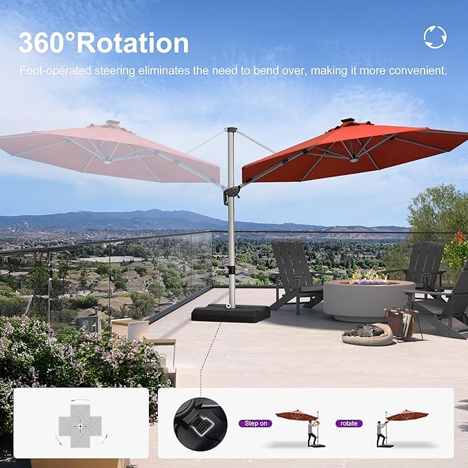 PURPLE LEAF 11ft Patio Umbrella with Lights Outdoor Round Cantilever Solar Powered LED Umbrella with 360-degree Rotation for Garden Deck Pool Patio, Brick Red