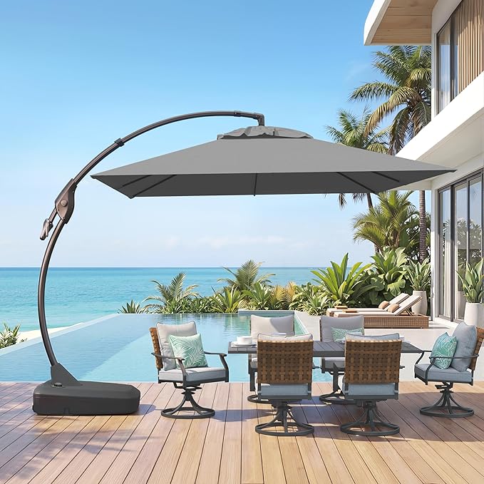 Grand patio 10x10 FT Patio Cantilever Umbrella with Base Outdoor Large Square Tilting Offset Umbrellas for Deck Backyard (Gray, 10x10 FT)