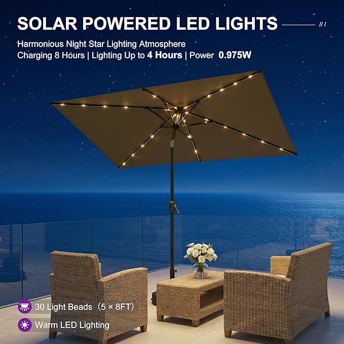 PURPLE LEAF 5' x 8' Rectangular Patio Umbrella with Solar LED Outdoor Table Umbrella Aluminum Frame Market Umbrella Sun Umbrella for Garden Deck Lawn Pool Beige