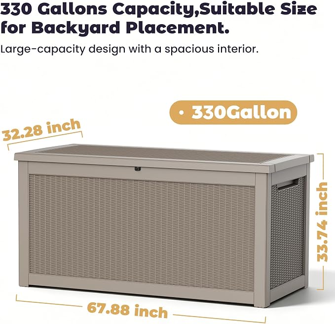 PatioZen 330 Gallon Outdoor Storage Box, Heavy Duty Resin Large Deck Box Organization for Garden Tools & Pool Accessories, Hydraulic Lift, All-Season UV-Resistant, Grey