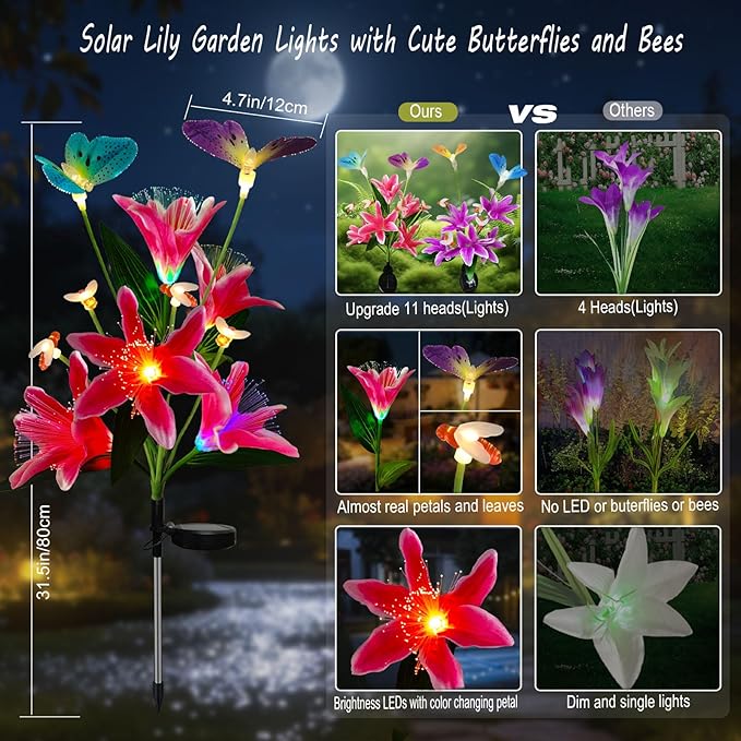 Solar Flower Lights Outdoor Garden Gifts Mother Day Decor,2Pack Color Changing Lilies Flowers with Flying Butterfly and Bee,Lily Flower Solar Lights Outside for Path Yard Patio Lawn Grave Spring Decor