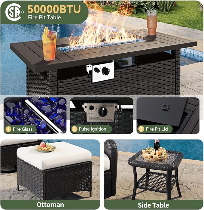 Aoxun 10-Piece Patio Furniture Set with 44” Fire Pit Table, Wicker Rattan Outdoor Sectional Sofa with High Back Swivel Rocker Chairs, Outdoor Patio Furniture Set with Thick Cushions & Ottoman, Beige
