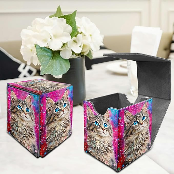 Deck Box for MTG, Cards Storage Box Fits 120+ Sleeved, Leather Medium Size Strong Magnetic Closing Card Case for Board Games Magic TCG CCG Baseball Collection, Cute Blue Eyed Cat