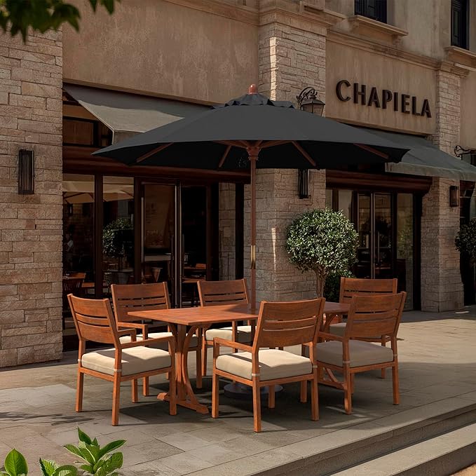 California Umbrella 9' Premium Commercial Hardwood Patio Umbrella, Manual Lift With Pacifica Black Fabric