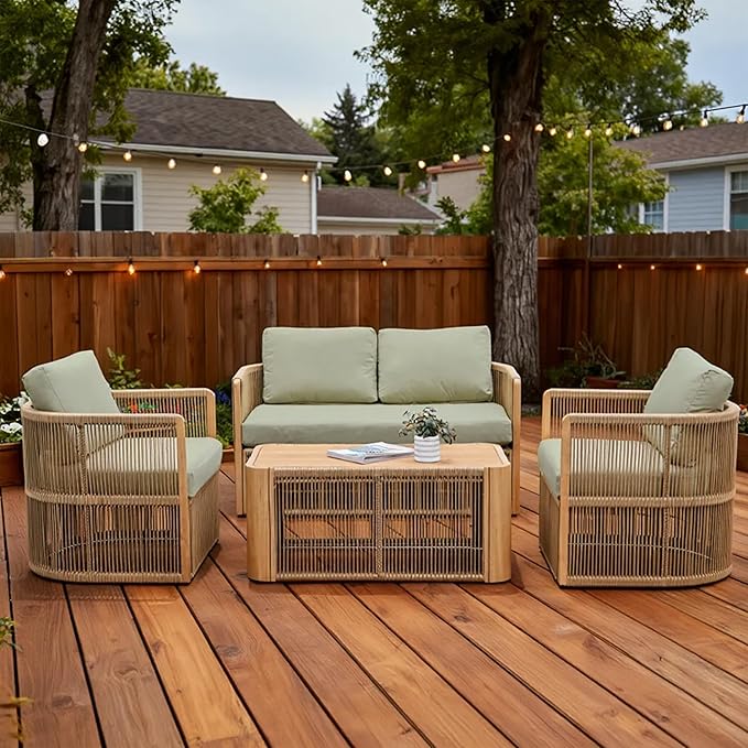 4 Piece Patio Furniture Set, Aluminum Patio Conversation Set, Rope Rattan Patio Sectional Sofa, All Weather Outdoor Sofa Couch with Coffee Table and Cushions for Lawn/Backyard/Deck, Green