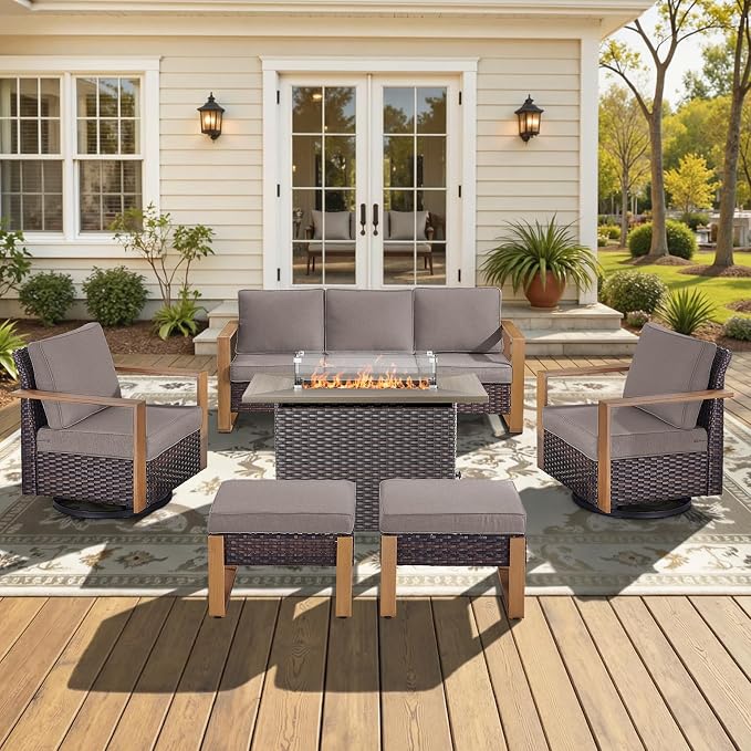 Patio Furniture Set with Fire Pit Table, 6-Piece Outdoor Wicker Sofa and Swivel Chairs, All-Weather Conversation Set for Backyard, Deck and Poolside Grey