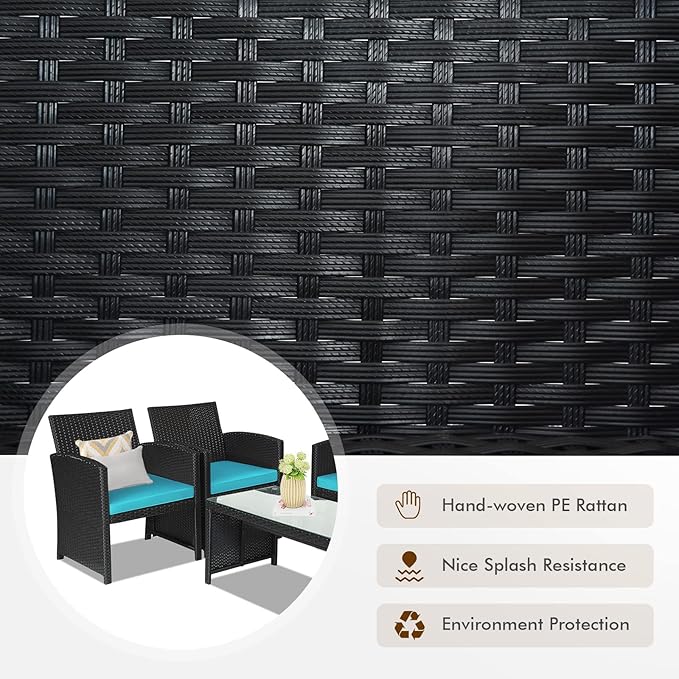 Goplus Rattan Patio Furniture Set 4 Pieces, Outdoor Wicker Conversation Sofa and Table Set with Soft Cushions & Tempered Glass Coffee Table for Balcony Garden Backyard (Turquoise)