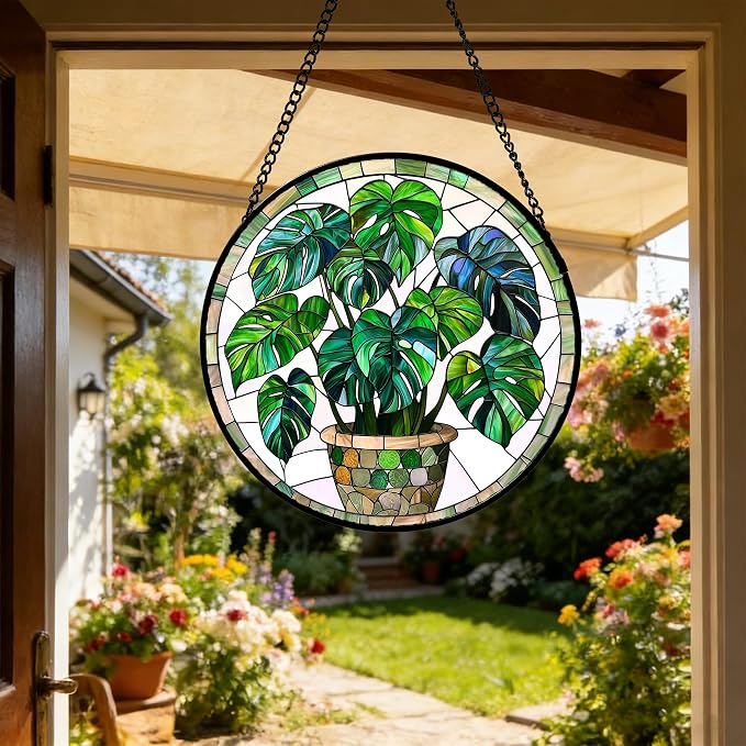 DASTOLL Stained Glass Window Hanging, Green Plant Monstera t Suncatcher Diamond Colorful Glass Panel Sun Catchers Decor for Birthday for Women, Men, Wife, Aunt, and Mom 9.8 in