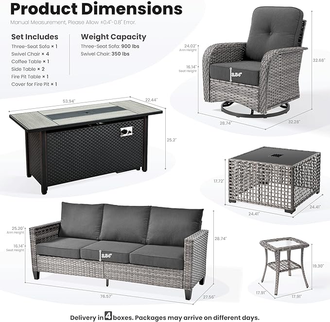 ovios 9 Pieces Patio Furniture Set, Outdoor Wicker Sofa Couch with Rocking Swivel Chairs Fire Pit Table, Modern Deep Seat Rattan Conversation Sets for Deck Porch, Black