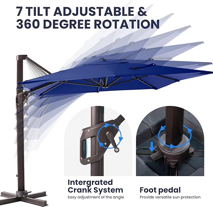 9' X 12' Cantilever Patio Umbrella Rectangular Outdoor Large Offset Umbrellas with 7 Tilts Adjustable 360°Rotation for Deck Pool Garden Backyard, Navy