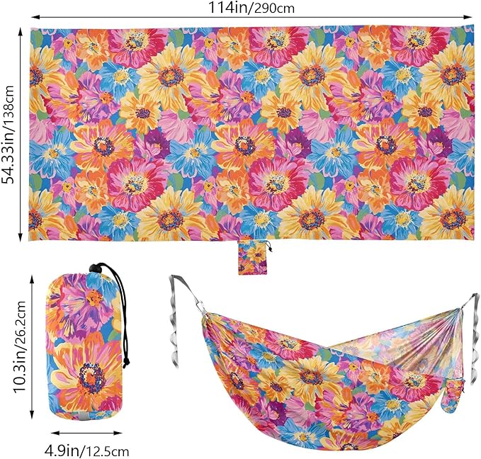 Camping Hammock Outdoor Hammocks for Outside Bright-Coloured Flower Beach Trees Portable Lightweight with Pockets Tree Straps Indoor