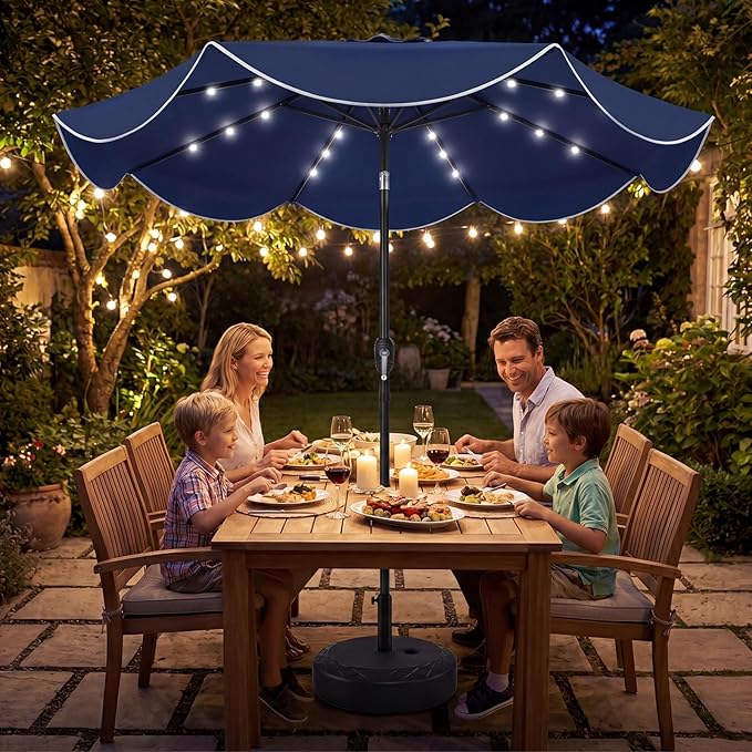 Tangkula 9 FT Solar Patio Umbrella, 2-Tiers Outdoor Scalloped Table Umbrella with 24 LED Lights, Tilt Adjustment, Crank, 8 Ribs for Market Backyard Pool Deck Beach Lawn