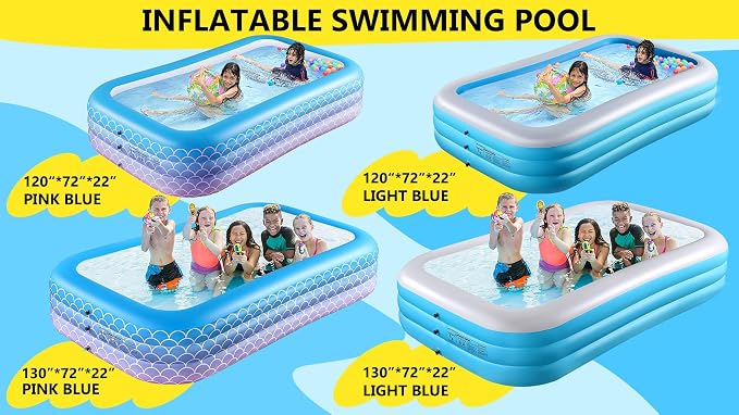 Inflatable Pool for Kids and Adults-130"*72"*22" Full-Sized Inflatable Swimming Pool Leakproof Blow Up Above Ground for Backyard Outdoor Garden Summer Water Party Blue