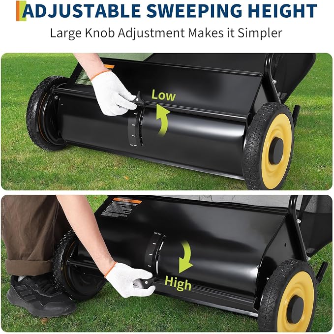 Heavy-Duty 26-Inch Hand-Push Lawn Sweeper with 7 Cu.ft. Collection Bag & Adjustable Brush Reel - Ideal for Picking Up Grass, Leaves, and Yard Debris on Any Terrain