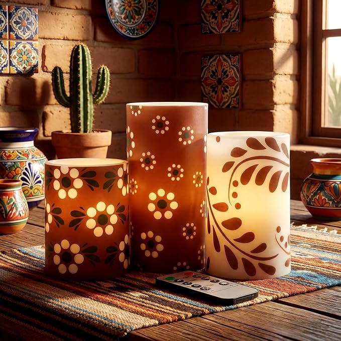 Baquler 3 Pcs Cielito Lindo Mexican Barro Flameless Candles with Remote Timer Battery Operated LED Flickering Pillar Platos De Barro Mexican Home Decor Talavera Decor Mexico Gifts Holiday Decorations