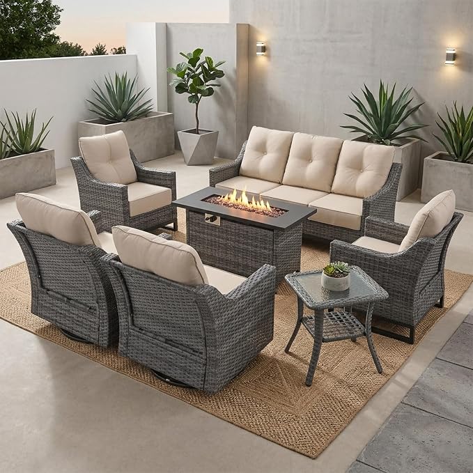 7 Piece Patio Furniture Set with Fire Pit, Grey Wicker Outdoor Conversation Set with 2 Swivel Rocker Chairs, 2 Wicker Chairs, Sofa, Side Table and Rectangular 60,000 BTU Fire Pit Table