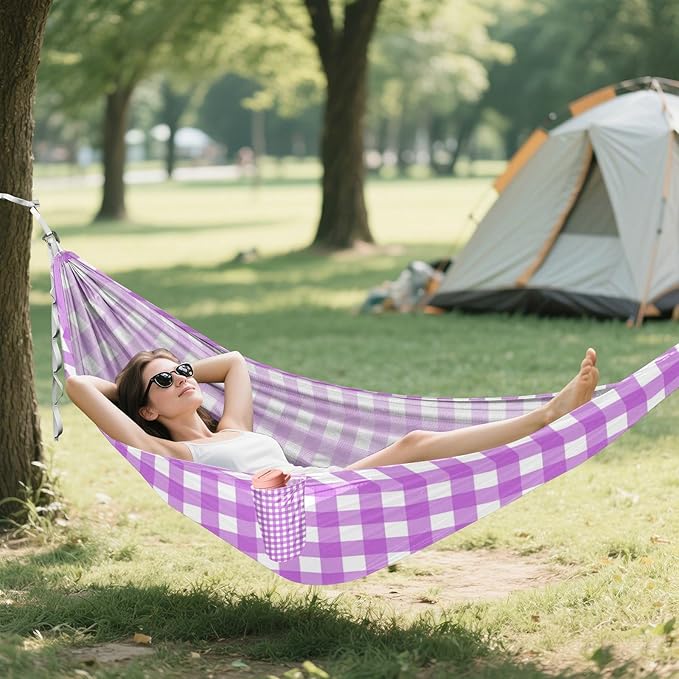 Purple and White Checkered 330lb Capacity Camping Hammock with Portabl Carry Bag Swing Hammock for Indoor Outdoor Patio hamaca con Base para adultos