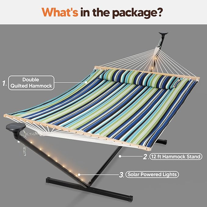 SUNCREAT Hammocks Stand Alone Hammock with Solar Powered Lights, Portable Standing Hammock, Green